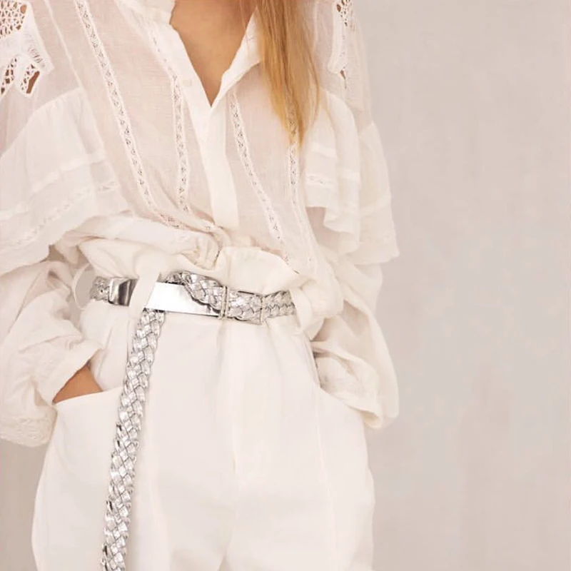 MIAOQING Ruffled patchwork shirt for women O cutouts with long sleeves and bow bandages for summer