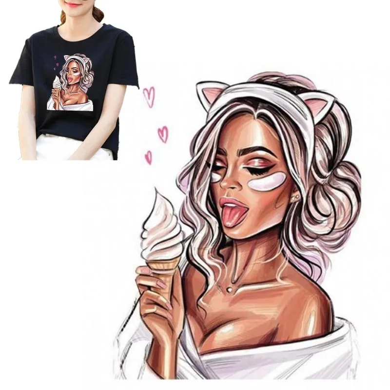 

Sexy Ice Cream Lady Girl Iron On Patches DIY Accessory Heat Transfer Washable Stickers For Clothes Bag Print Hoodies Jeans