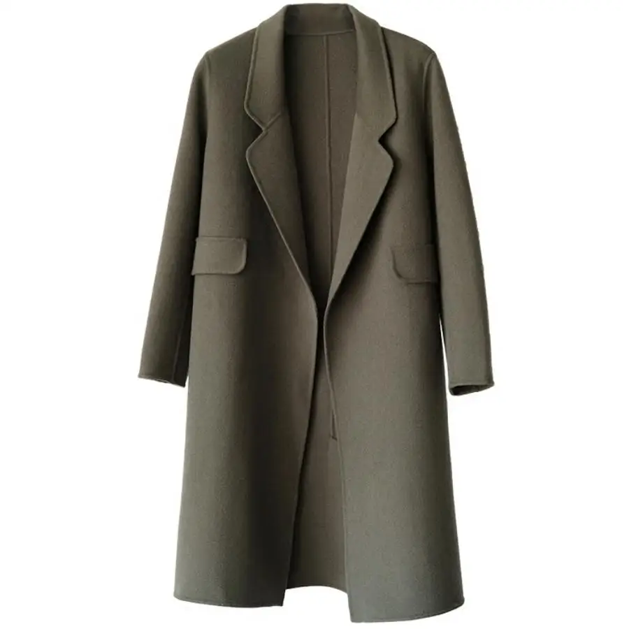 gray green Двустороннее кашемировое пальто женское длинное тонкое шерстяное пальто с отложным воротником - Цвет: gray green