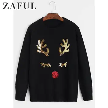 

ZAFUL Christmas Sequined Elk Sweater For Women Crew Neck Long Sleeve Black Textured Sweater Ladies Pullovers Autumn