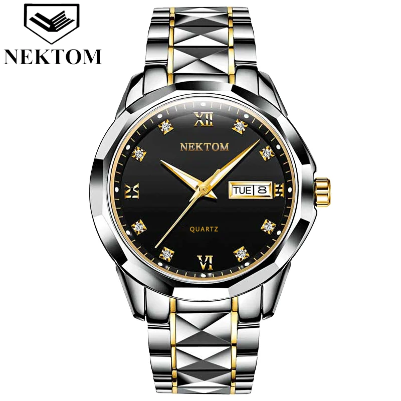 

NEKTOM Men Watch Top Brand Waterproof Watches Male Accesories Stainless Steel Strap Dual Calendar Quartz Clock Relogio Masculino