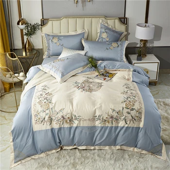 

New Chinese Style Flowers Embroidery 800TC Egyptian Cotton Bedding Set Double Duvet Cover Set Bed Linen Fitted Sheet Pillowcases