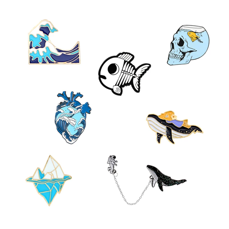 

Marine Elements Ocean Pins Innovative Whale With Astronaut Sea Wave Heart Iceberg Skull Head Fish Tank For Surfers Accessories