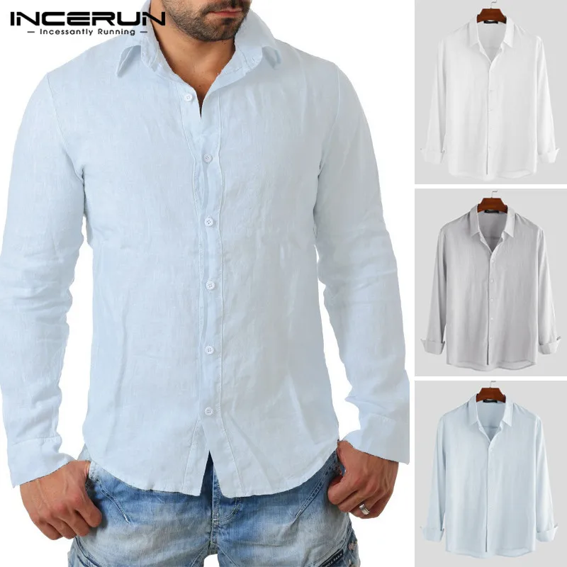 INCERUN Men's Comfort Long Sleeve Business Fashion Casual Shirt Lapel Shirt Solid Color Casual High Quality Literary Shirt