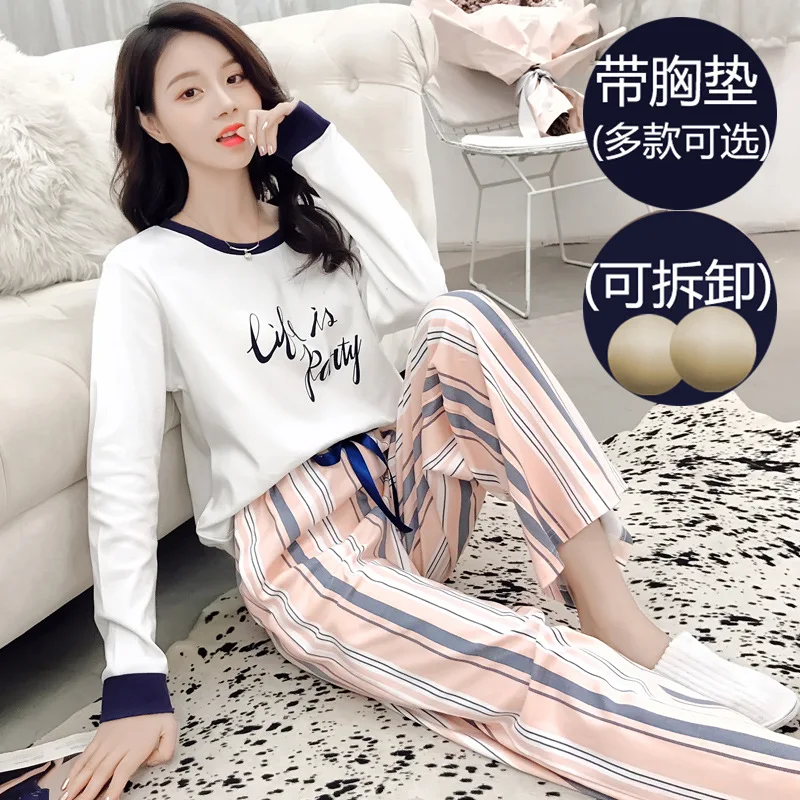 

(With Chest Pad) Pajamas Women's Thin Type for Spring And Autumn Long Sleeve Trousers Crew Neck Women's Japanese Korean Home Wea