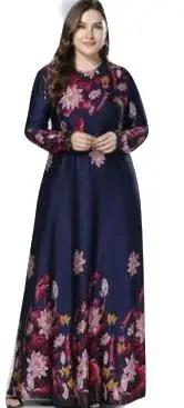 Navy Blue Plus Size Women Printed Muslim Dress Long Lotus pond Printing Knitting Party Dresses Vestidos 3XL 4XL AE279 | Женская одежда