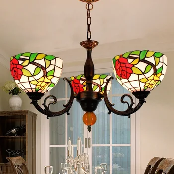 

European Tiffany colored glass living room dining room bedroom bar club tea house rose 3 head Chandelier