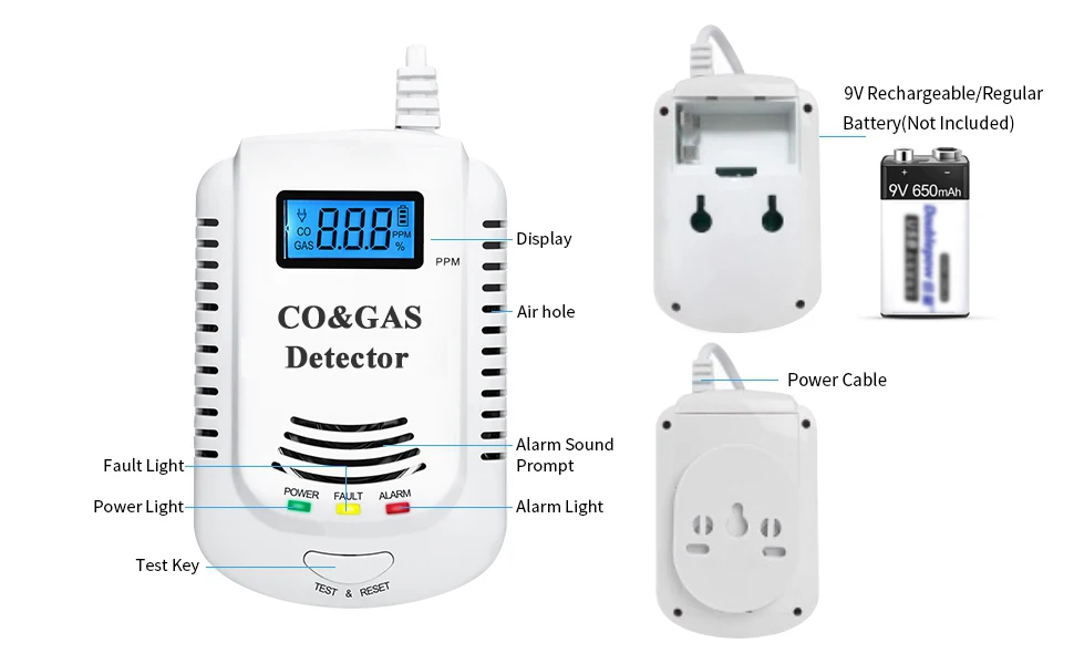 Detector de Alarme Monóxido de Carbono Detectores de Gás Composto com Display 2 em 1 Plug-in Explosivo Cozinha Casa Metano Alarme Led co & 4 alarme composto com display led