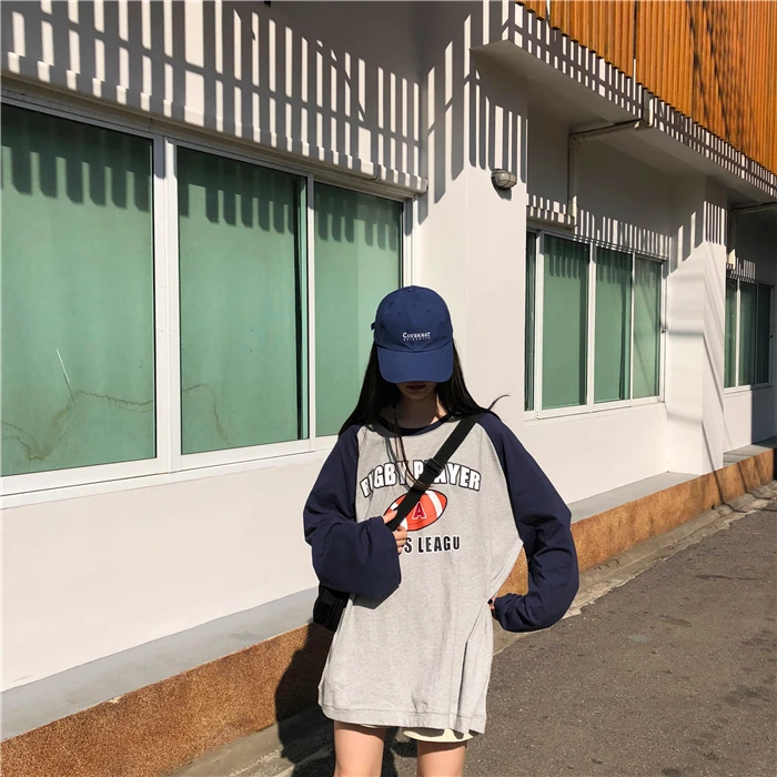 Модная футболка Femme осенние женские топы с длинными рукавами Harajuku винтажные лоскутные Футболки женские свободные футболки