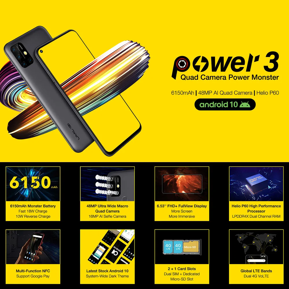 UMIDIGI power 3 Android 10 48MP Quad AI камера 6150 мАч 6 53 "FHD + 4 Гб 64 Helio P60 глобальная версия