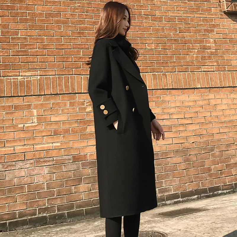 Осень Зима черная теплая шерстяная куртка Корейская OL двубортная Casaco Feminino повседневные шерстяные пальто Подиум Тонкий шерстяной пальто