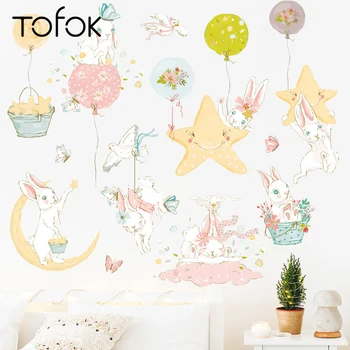 

Tofok Moon Stars Cartoon Rabbit Home Decorative Wall Sticker Eco-friendly PVC Kids Room Nursery Mural Decals Background Poster