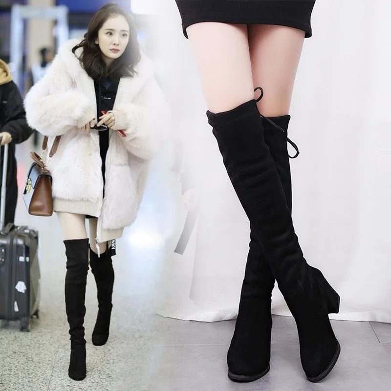 Новые осенне-зимние сапоги выше колена высокие эластичные сапоги женские сапоги на высоком толстом каблуке с острым носком S014