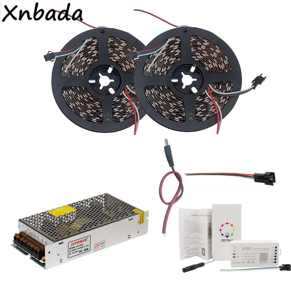 5m 10m 15m 20m WS2812B WS2812 30Leds/m 60Leds/m RGB Led StripSP108E WIFI RGB Led Controller DC5V Power Supply Adapter Kit