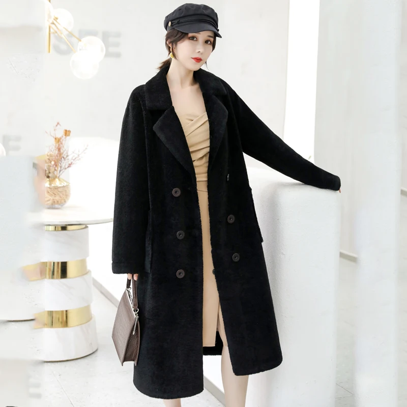 Новое поступление, женская зимняя куртка из овечьей шерсти, Женское пальто с отложным воротником, длинная двубортная Дамская парка с пуговицами