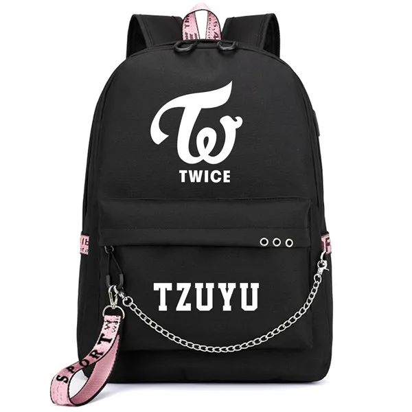 thumbnail image 1 of Mochila con estampado de la banda coreana TWICE, mochila de lona para mujer, mochila femenina con carga USB para ordenador portátil, mochila para mujer, 1 of 5