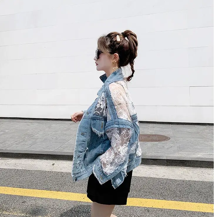 2020 Autumn Fashion Streetwear See Through Lace Patchwork Denim Jacket Women Stylish Jean Coat streetwear women jacket