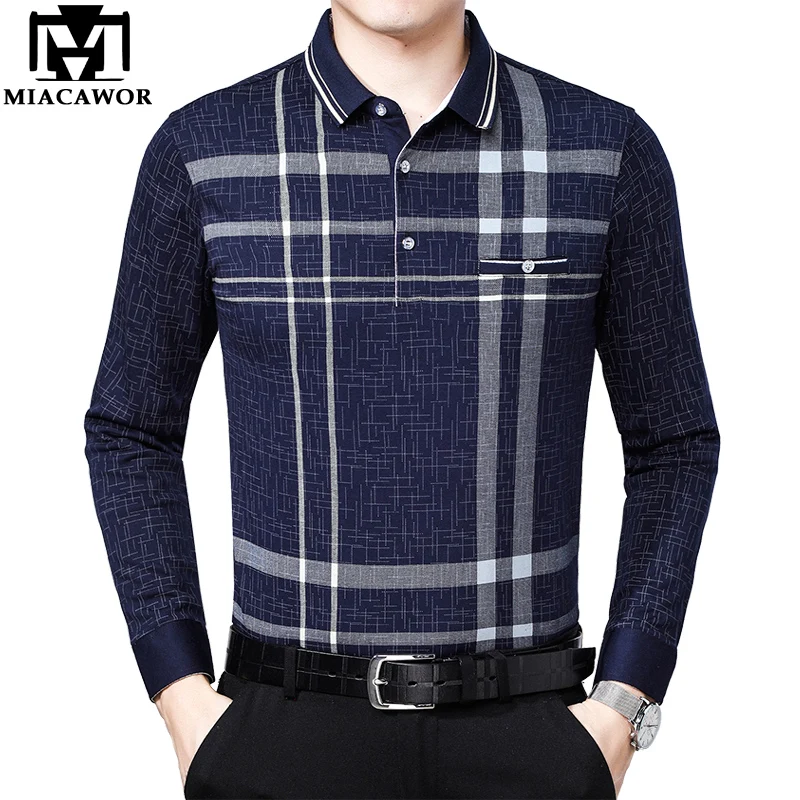 MIACAWOR, новая весенняя Мужская рубашка поло с длинным рукавом, клетчатая рубашка поло, мужская деловая рубашка поло, мужские повседневные футболки, T810
