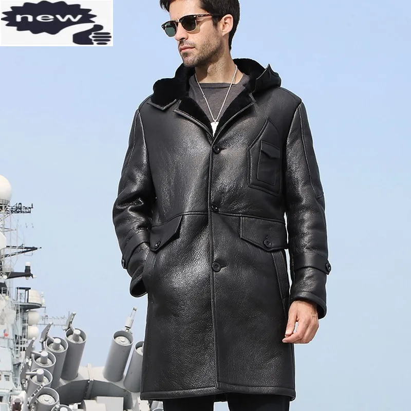 

Autumn Winter Fashion Mens Natural Sheepskin Coat Long Slim Casual Biker Hooded Pockets Genuine Leather Jacket Streetwear