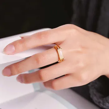 

Natural jade and Tian yu women's silver-encrusted jade white jade fashion geometric rectangular living mouth opening ring gift