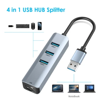 

Network Cards 4 in 1 USB HUB Converter Splitter 5Gbps 3 USB 3.0 1000Mbps RJ45 Gigabit Ethernet Adapter for Laptop Desktop PC