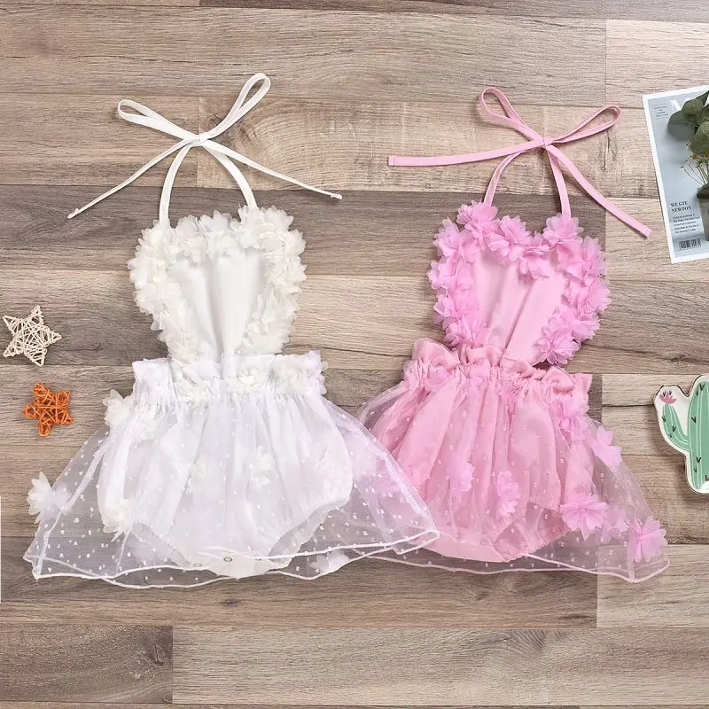 

Summer Lace Children Clothing Princess Kids Dresses For Girls Halter Mesh Romper Floral Deraction Pink White Vestido Robe Fille