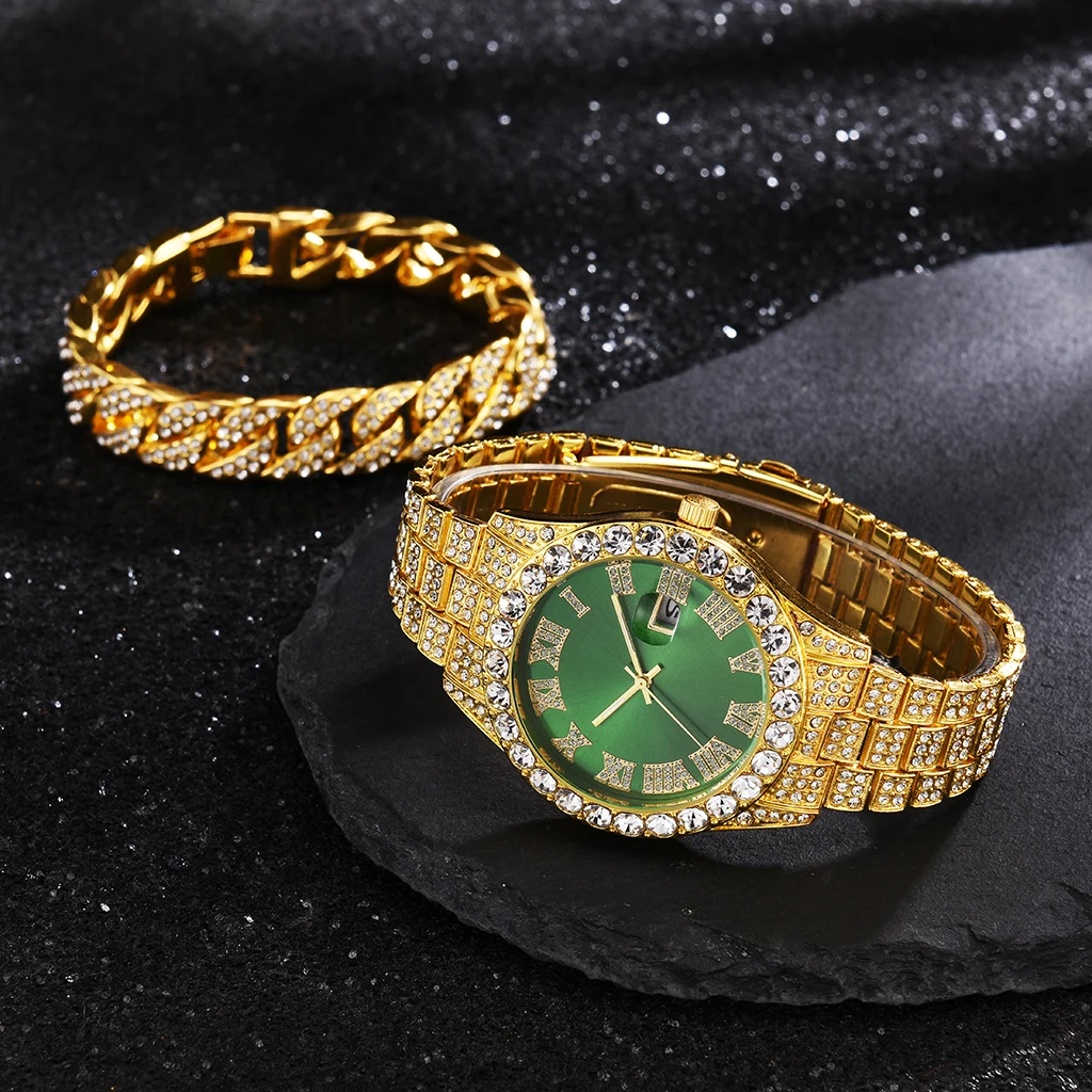 2 Pcs Watch+bracelet Hip Hop Stainless Steel Gold Color Calendar Watch For Men Iced Out Paved Rhinestones Men Watch Reloj Hombre