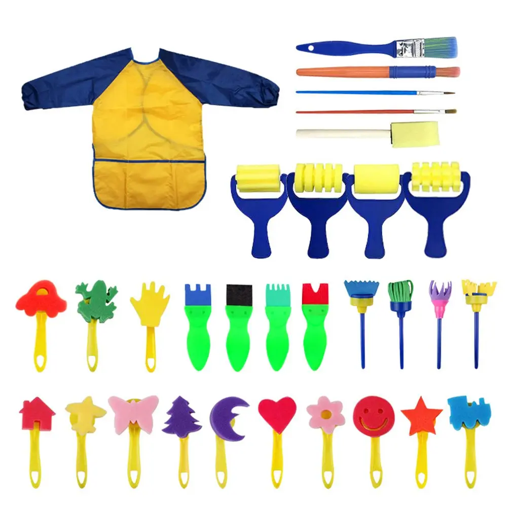 31 Pieces Sponge Child Paint Brushes Set Paint Brushes and Apron Art DIY Painting Tools Early Child Learning