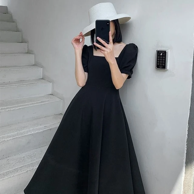Summer Women Mini Dress Elegant Classic Simple Black White Solid Puff Short  Sleeve High Waist A-line Gown Office Party Vestidos - AliExpress