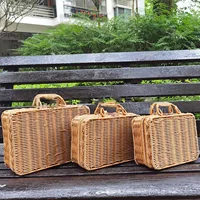Vintage Handmade Rattan Woven Storage Case Portable Makeup Travel Picnic Luggage Basket Holder Suitcase Sundries Organizer Box 2