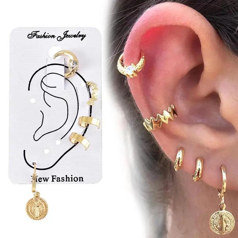 

5pcs/1set Fashion Personality Ear Clip High Street Shooting Big Name Jesus Bible Ear Pierced Ear Clip Women's Earrings Set