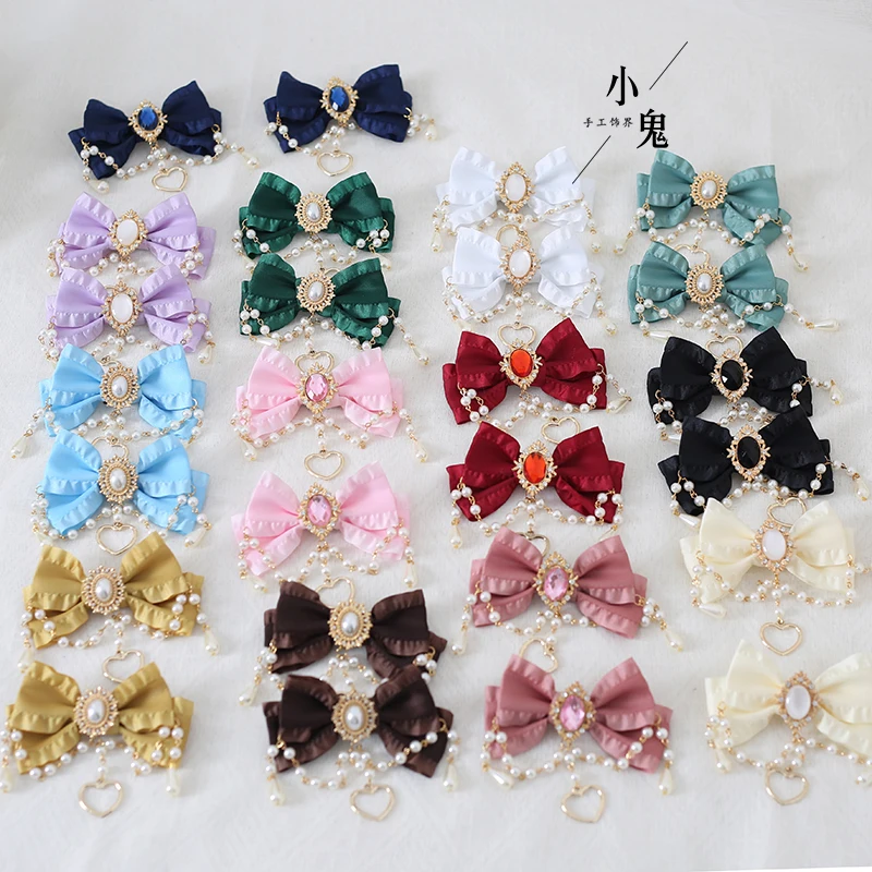 Original Hand-Made Tea Party Lolita Hairpin Cute Sweet Bow Pearl Chain Headwear Princess Cosplay Lolita Halloween Headdress