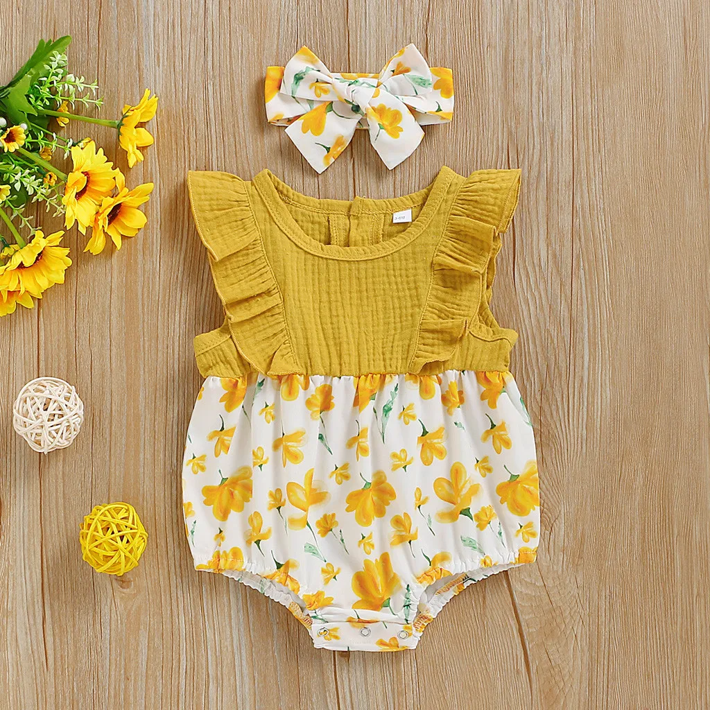 

1PC Romper+1PC Headband Newborn Baby Girls Sleeveless Ruffle Floral Print Romper Headband Outfits Set Yellow floral romper Y4
