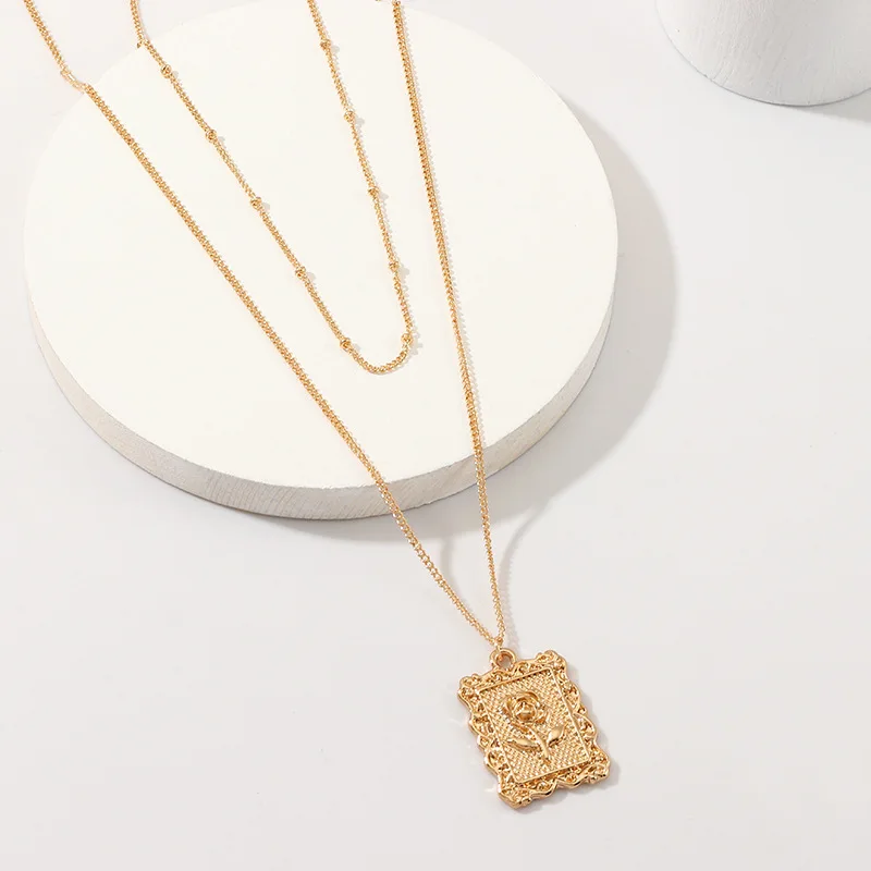 SRCOI Boho Rose Square Pendant Multi Layer Choker Necklace Fashion Simple Chain Metal Flower Women Girl Party 2019 | Украшения и
