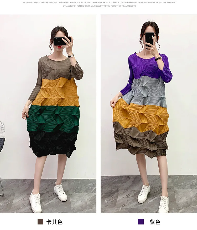 Miyake плиссированные платья со стразами новые осенние приталенные Лоскутные Платья с круглым вырезом длиной до колена женское платье с длинными рукавами размера плюс