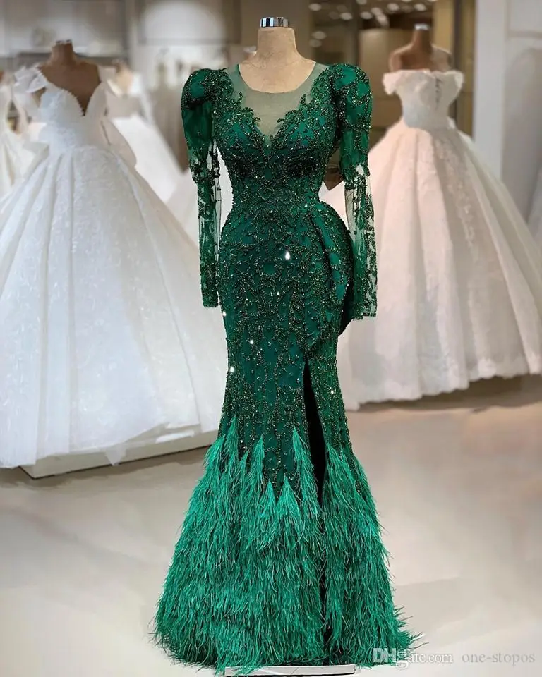 Темно-зеленое Русалка вечернее платье с перьями роскошная аппликация с длинными рукавами выпускное платье арабский Кристалл бисером официальное платье для вечеринки