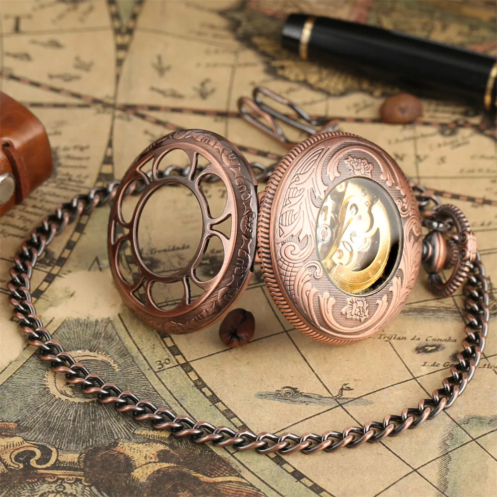 Ouro Preto Abóbora Flor Oco Relógio de Bolso Mecânico Numerais Romanos Display Luxo Pingente Bolso Relógio Presente com Corrente Rosa de - Image 3