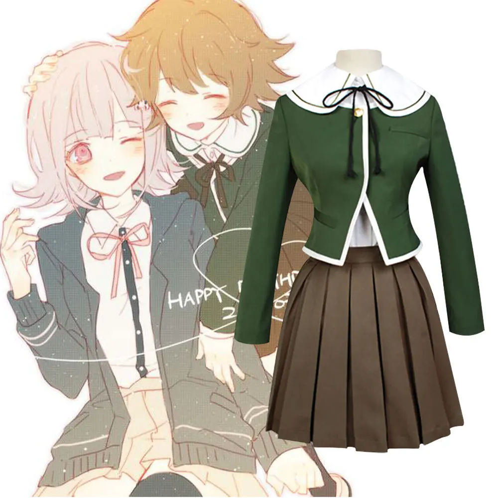

Danganronpa Fujisaki Chihiro Womens Girls Anime Halloween Cosplay Costume JK School Uniform Coat Shirt Dress Skirt Outfit Suit