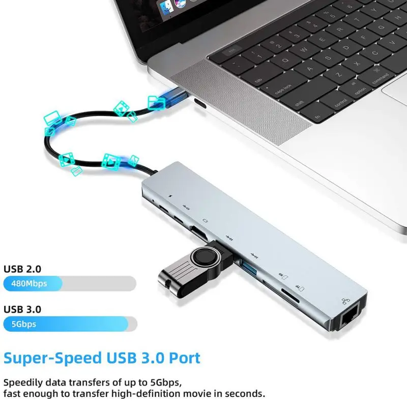 TF кард-ридер RJ45 адаптер 8 в 1 type C концентратор 4K HDMI USB 2,0 PD питания