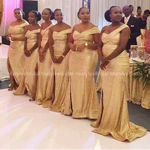 Een Schouder Gouden Pailletten Bruidsmeisje Jurken Afrikaanse Mermaid Bruiloft Gast Jurk Split Vooraan Sweep Trein Bruidsmeisje Party Gown