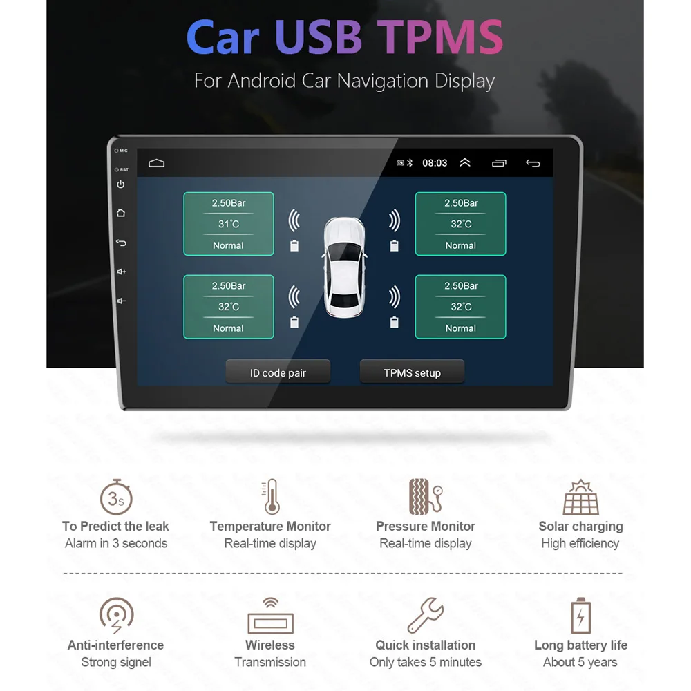 Monitor de presión de neumáticos USB Android TPMS para coche con 4 sensores externos sistema de ala