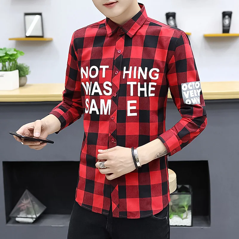 Рубашка мужская повседневная с длинным рукавом модная блуза в клетку хлопковая