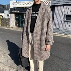 2019 осень и зима новое клетчатое свободное шерстяное пальто мужское модное повседневное дикое пальто куртка темно-серый/коралловый красный