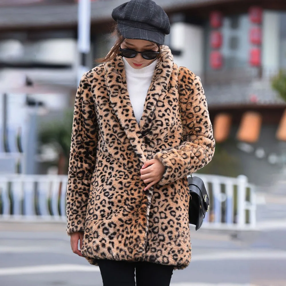 

2019 Winter Warm Boho Korean Style Office Lady Casual Plus Size Women Coats Loose Leopard Female Fashion Sexy Overcoats