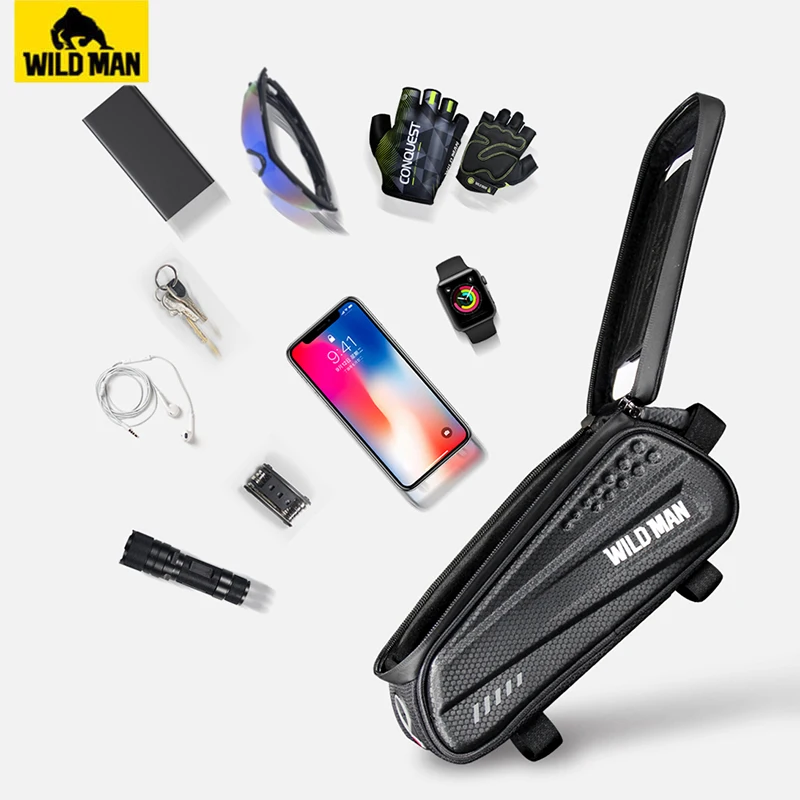 Top WILD MAN Hard Shell Bicycle Bag 6.2" Reflective Rainproof Touch Screen Phone Case Bag Bike Top Tube Bag Cycling Accessories 5
