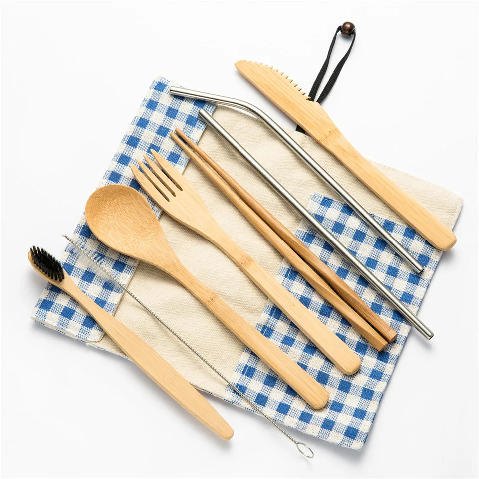 

High Quality Wood Cutlery Tableware Fork Spoon Knife Toothbrush Chopsticks with Cutlery Bag Portable Cutlery Travel Cutlery Set