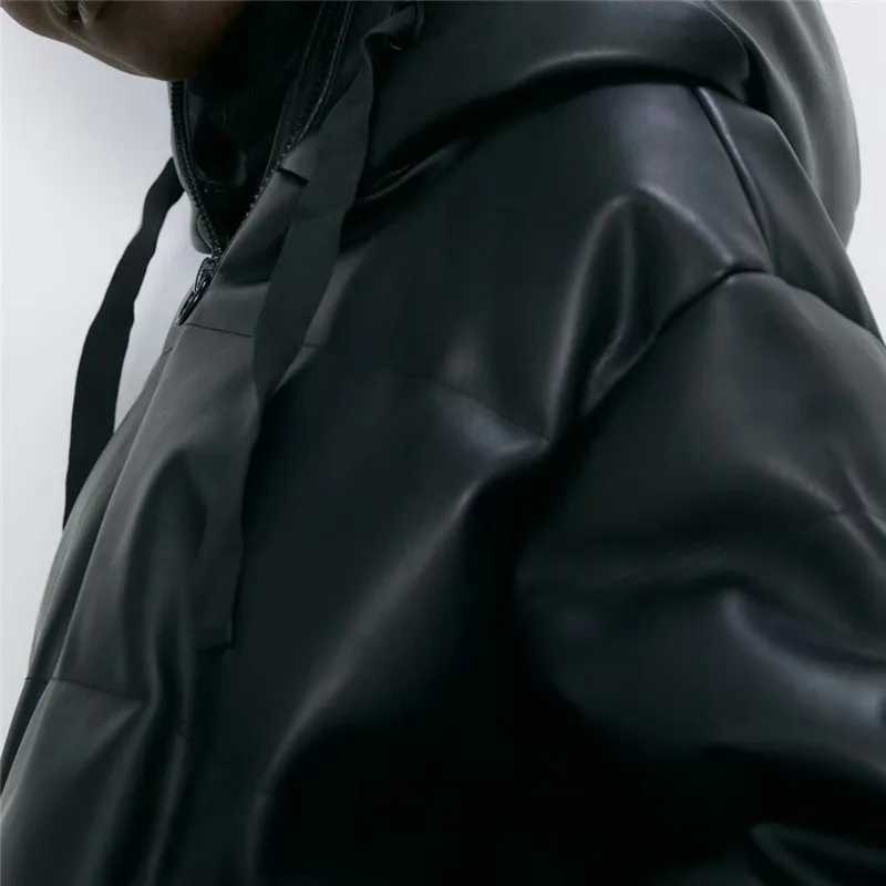 Ladyfirsy ZA PU Leater хлопковая куртка Personnality модная теплая куртка с капюшоном и воротником и длинным рукавом на молнии Женская Новая мотоциклетная куртка
