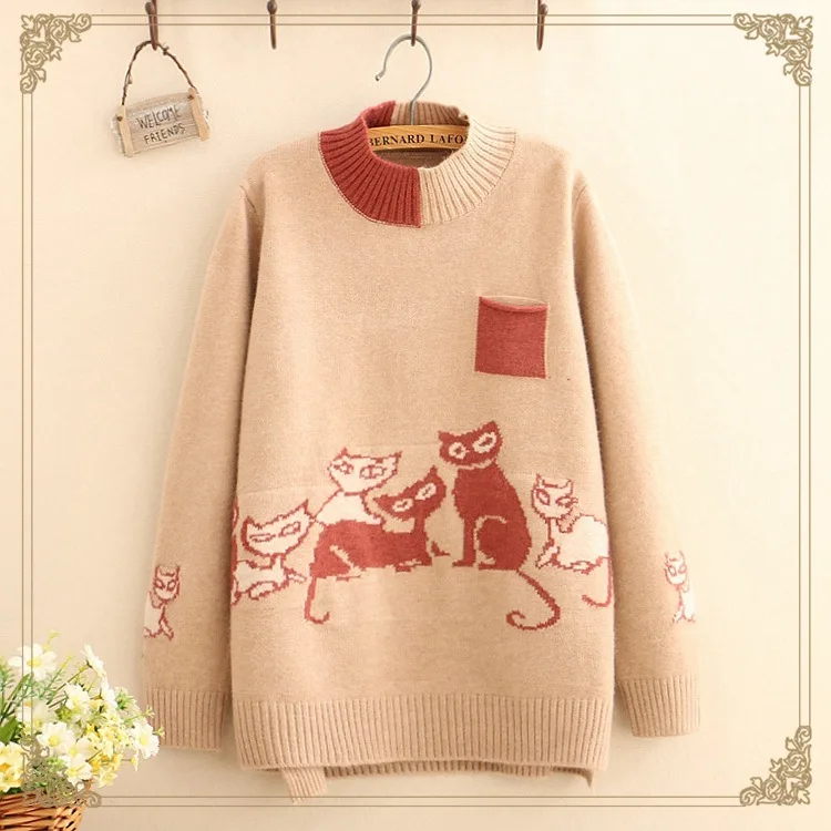 Elegant cats kitty cartoon Half high collar long sleeve vintage pullover sweater mori girl | Женская одежда