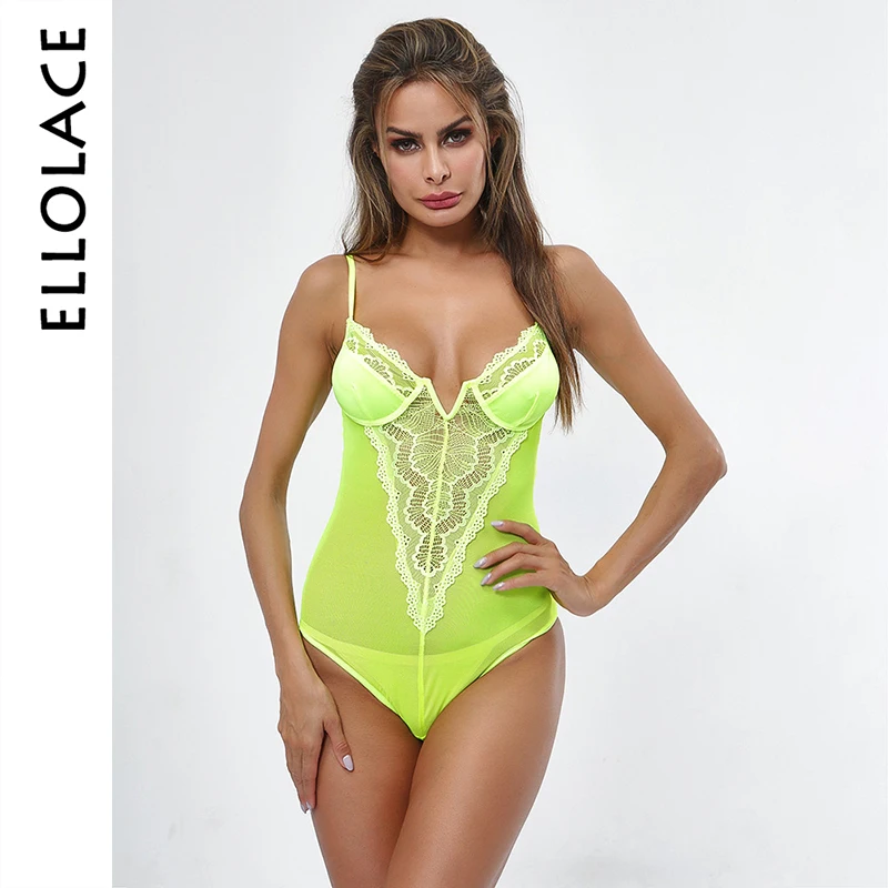 

Ellolace Sexy Deep V Mesh Bodysuit Women Transparent Bodycon Lace Patchwork Sleeveless Summer Jumpsuits Solid Overalls Romper