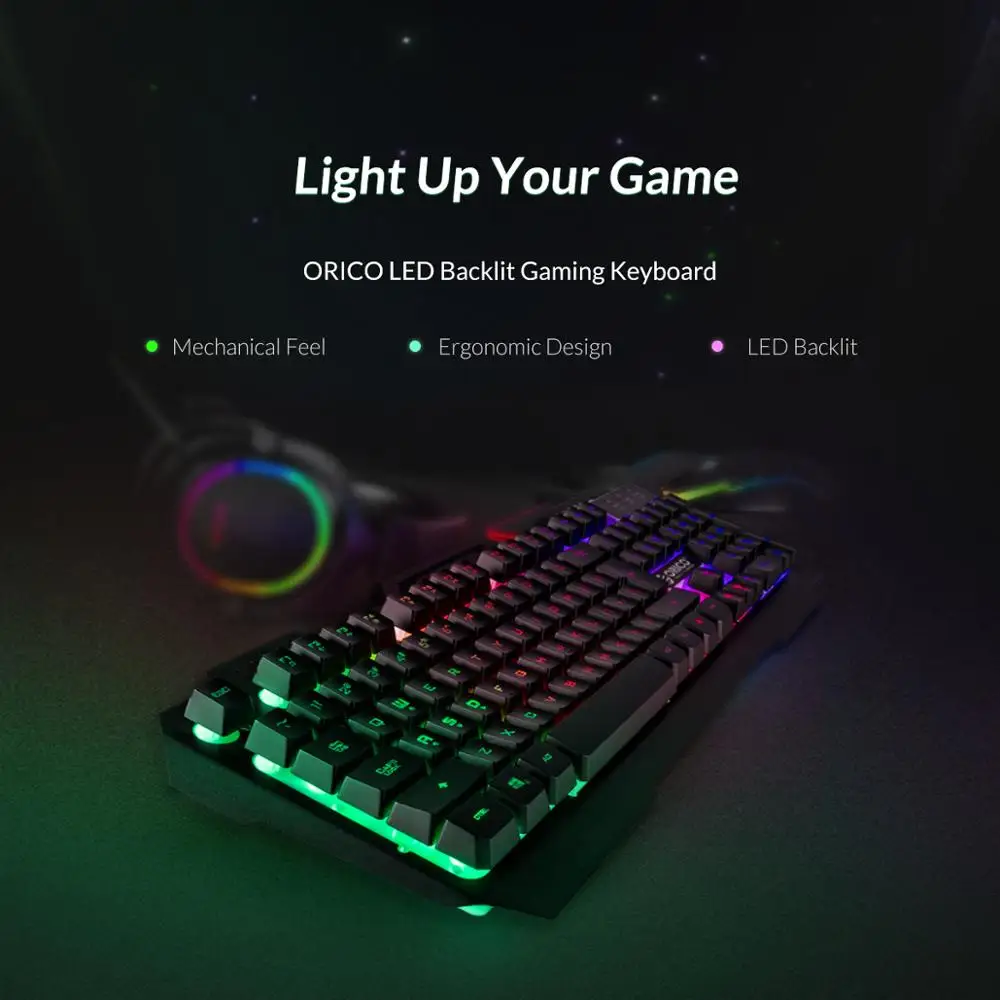Kopen ORICO Bedrade Gaming Toetsenbord Mechanische Toetsenbord 104 toetsen Waterdicht LED Backlit USB Toetsenborden Met 19 toetsen zonder conflict